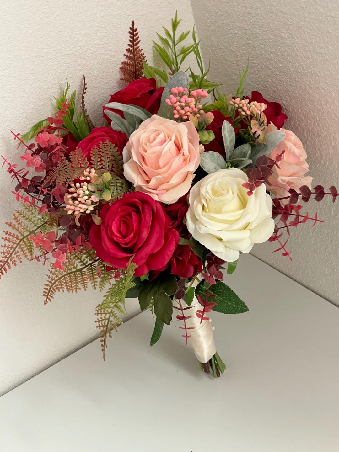 Romantic Red & Blush Artificial Bridal Bouquet – Timeless and Elegant ...