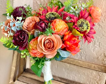 Terracotta & Burgundy Fall Bridal Bouquet | Artificial Wedding Flowers | Sunflower  Rose Keepsake Bouquet | Autumn Wedding Decor