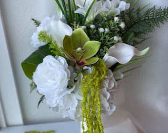 Artificial White Orchid & Calla Lily Bridal Bouquet – Cascading Green Accent, Modern Faux Wedding Flowers