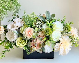 ARTIFICIAL CENTERPIECE one of a kind ARRANGEMENT , hand design, table arrangement , peach and green floral arrangement