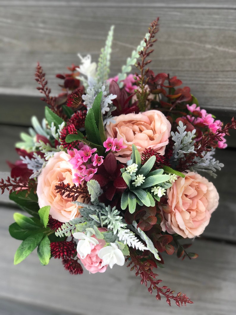 bridesmaids flowers faux bouqiets silk bridal wedding flowers burgandy wedding flowers Realistic Bridal bouquets artificial flowers