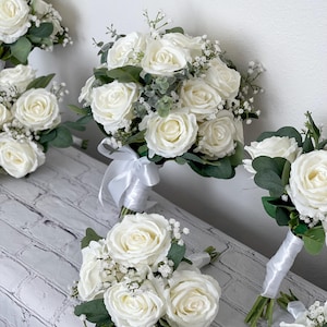 White Rose Bridal Bouquet Set: Keepsake Wedding Flowers, 6 Piece