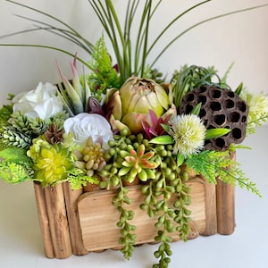 Rustic Artificial Arrangement.  Succulent and Artichoke Centerpiece in Wooden Box | Farmhouse Faux Greenery