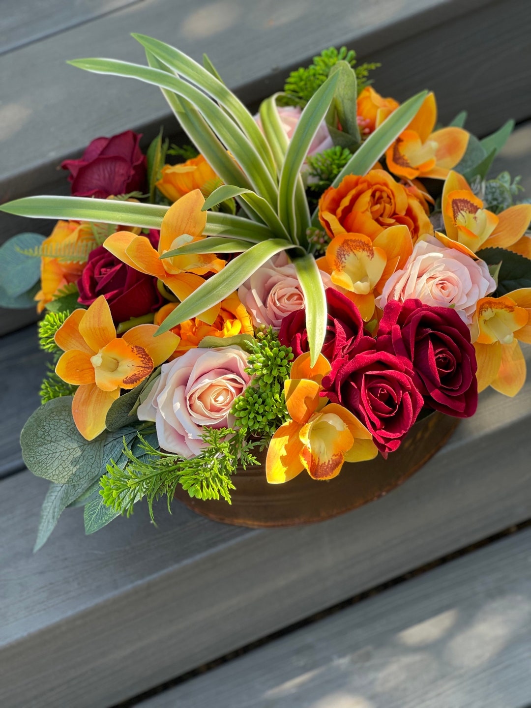 Artificial Floral Arrangement Gift Orchids Roses orange Etsy