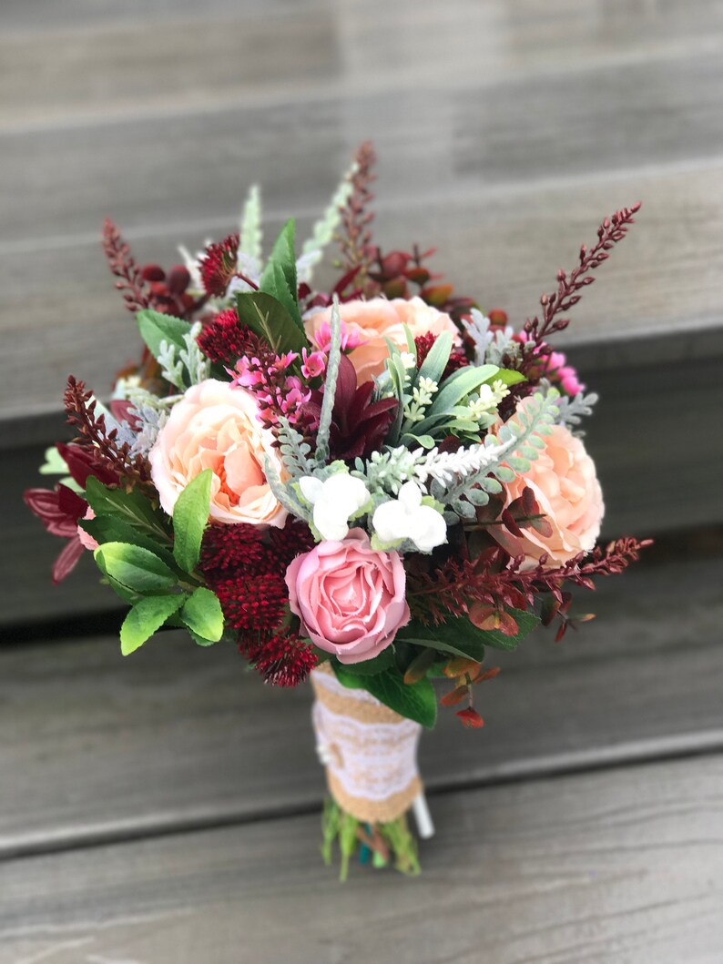 bridesmaids flowers faux bouqiets silk bridal wedding flowers burgandy wedding flowers Realistic Bridal bouquets artificial flowers