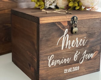 Wooden urn - wedding kitty - personalized with your calligraphed first names - sold with padlock clasp - wedding urn - card box