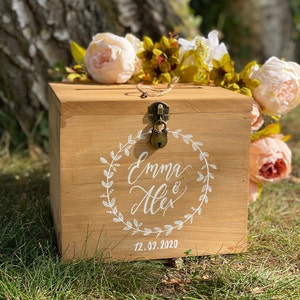 Wooden urn - wedding kitty - personalized with your calligraphed first names - sold with padlock clasp - wedding urn - card box