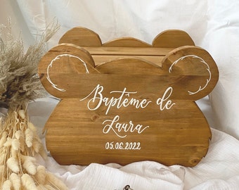 Bear wooden urn - teddy bear kitty - baptism urn box with slot - Calligraphed first name - sold with padlock clasp - child's kitty