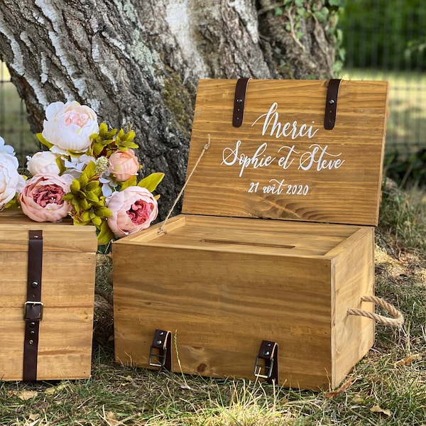 Urne Malle en bois avec fente à l'intérieur - cagnotte mariage - vendu avec  fermeture lanières et avec poignées en corde de chanvre