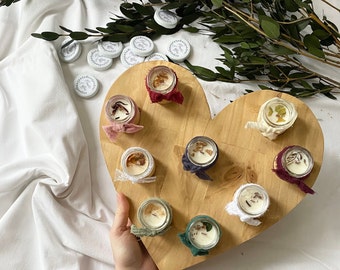 Planchette cœur en bois de 9 Bougies parfumées de 35g, décoration Topping, personnalisées. végétale. parfum français. cadeau original