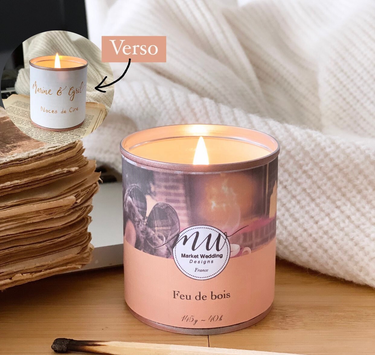 Feu de Bois/Bougie Joy. Parfumée. Personnalisée. Végétale. Vegan. Parfums Français. Coulée à La Main