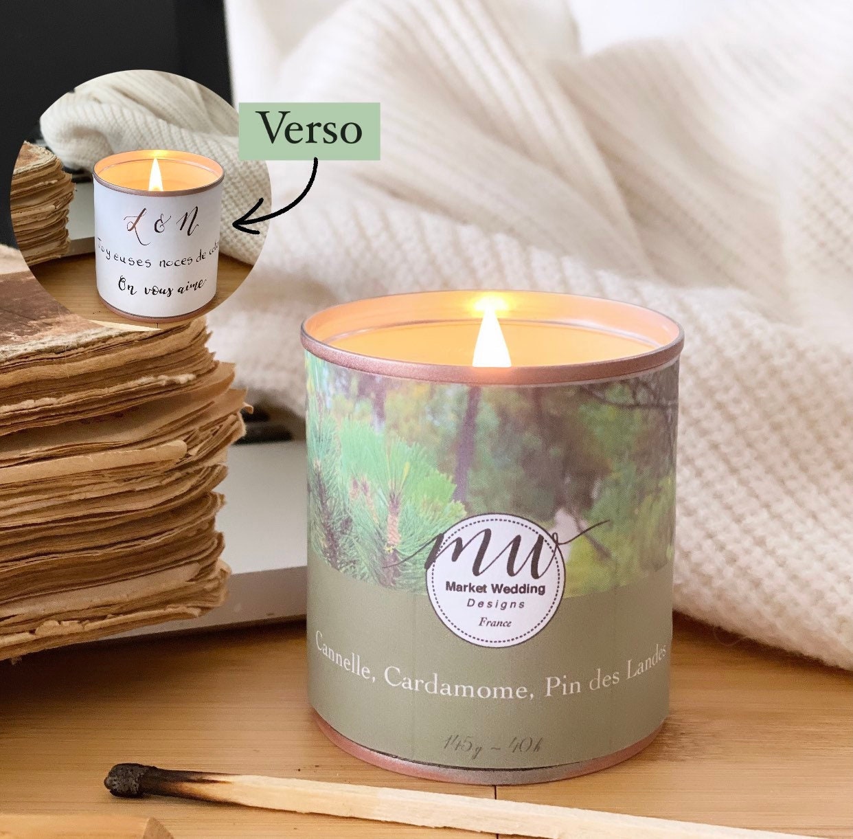 Cannelle, Cardamome, Pin Des Landes/ Bougie Joy. Parfumée. Personnalisée. Végétale. Vegan. Parfums F