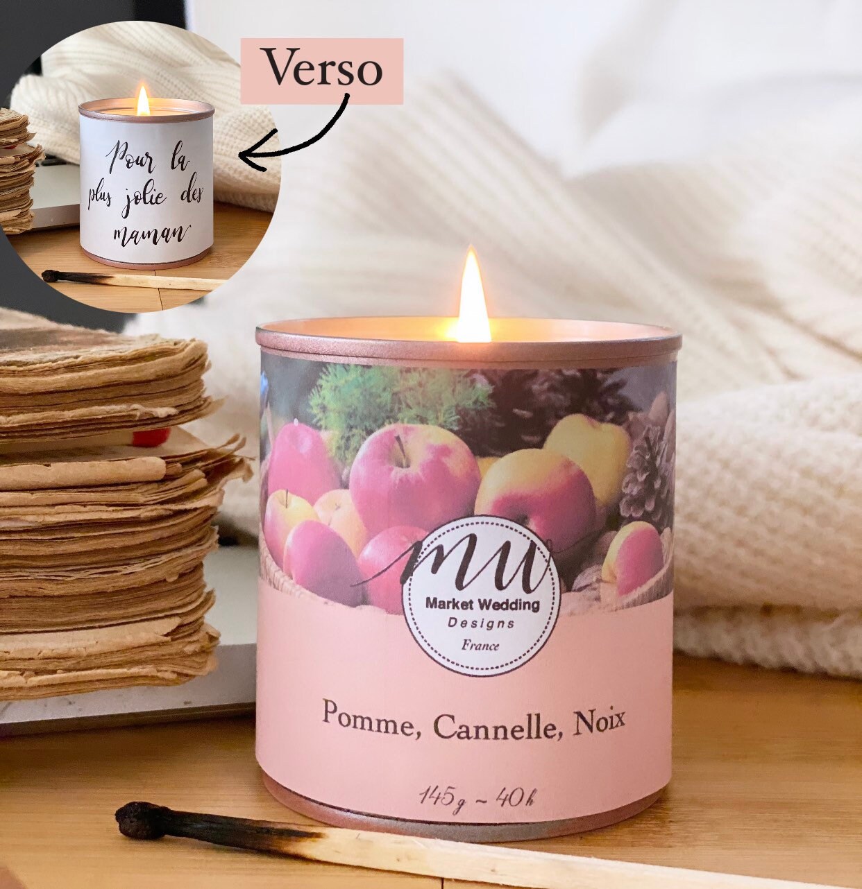 Pomme, Cannelle, Noix/Bougie Joy. Parfumée. Personnalisée. Végétale. Vegan. Parfums Français. Coulée