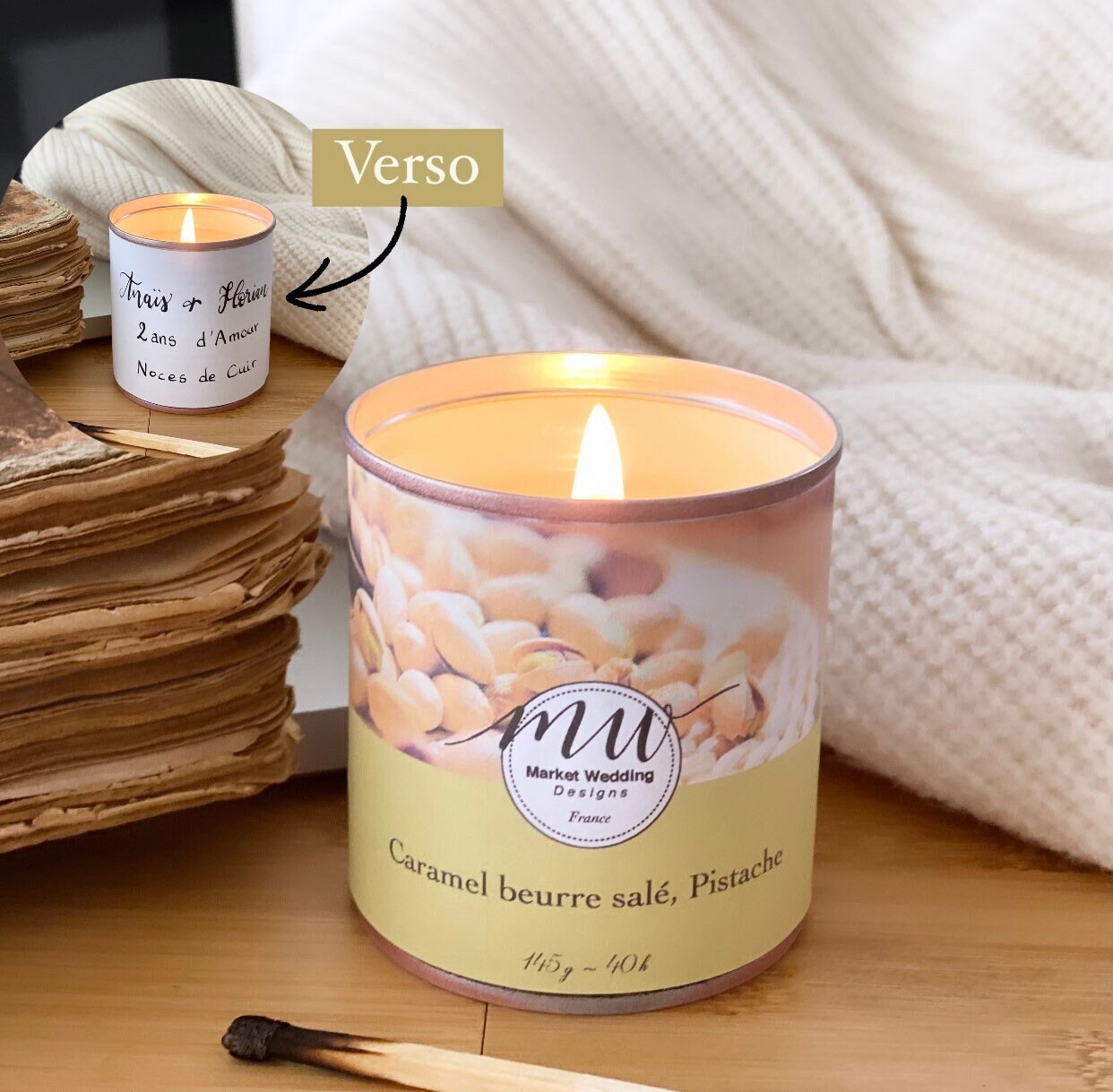 Caramel Beurre Salé, Pistache/Bougie Joy. Parfumée. Personnalisée. Végétale. Vegan. Parfums Français