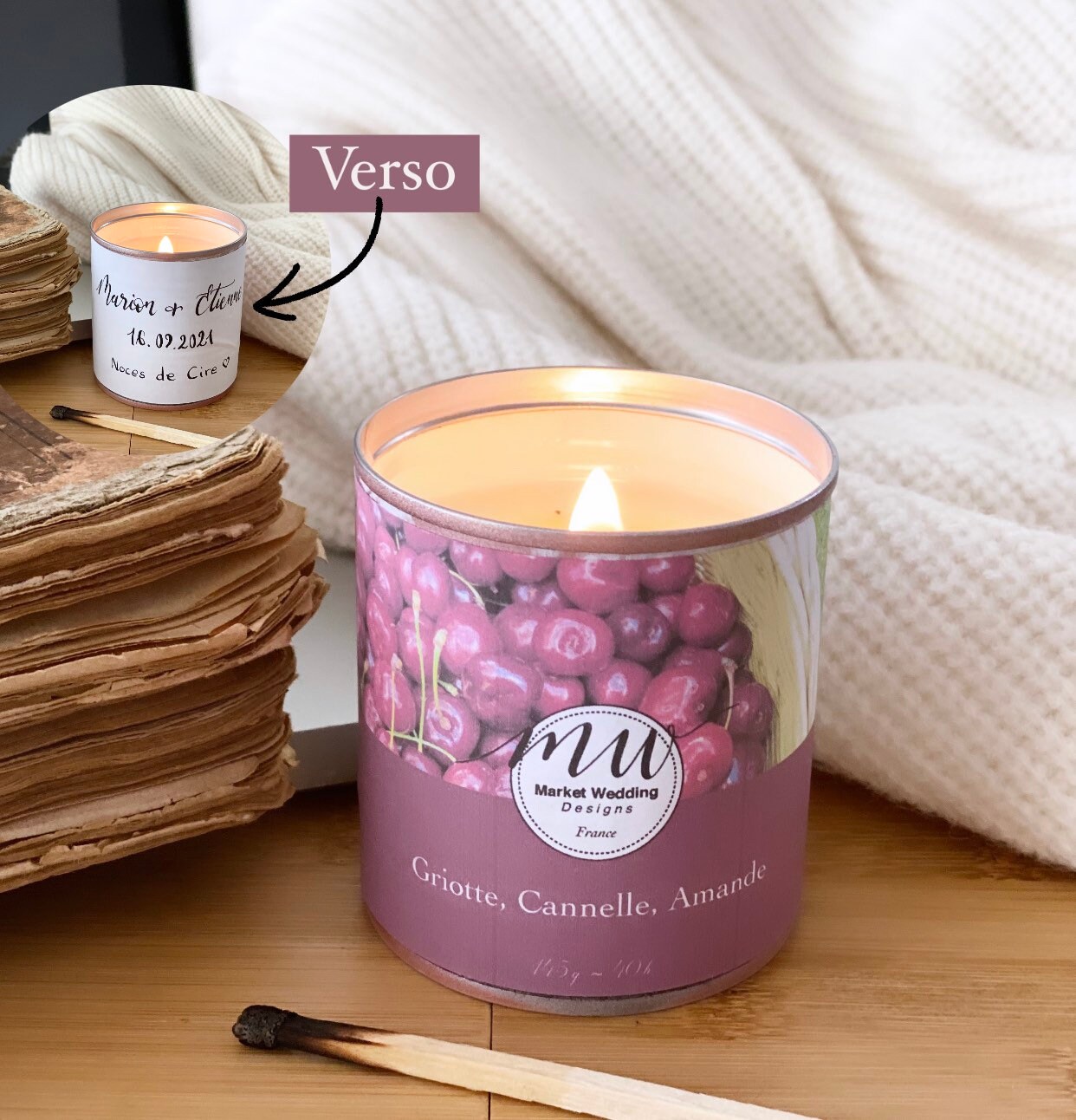 Griotte, Cannelle, Amande/Bougie Joy. Parfumée. Personnalisée. Végétale. Vegan. Parfums Français. Co