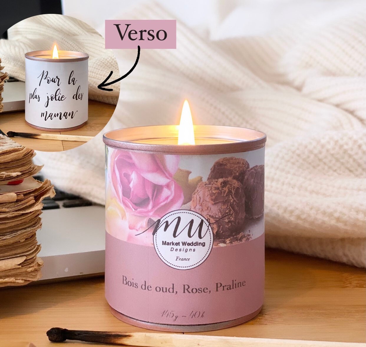 Bois de Oud, Rose, Praline/Bougie Joy. Parfumée. Personnalisée. Végétale. Vegan. Parfums Français. C