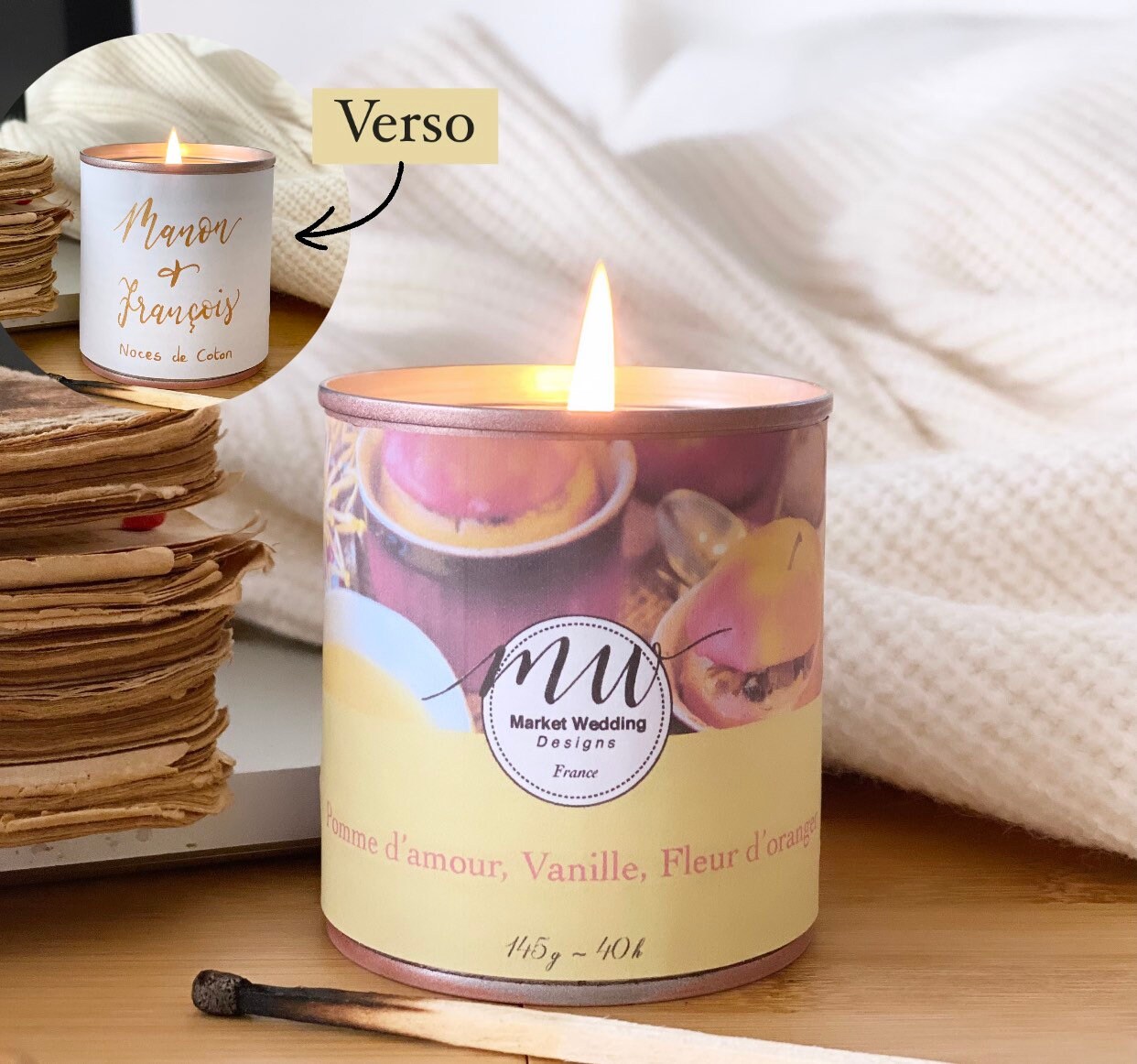 Pomme d'amour, Vanille, Fleur d'oranger/Bougie Joy. Parfumée. Personnalisée. Végétale. Parfums Franç