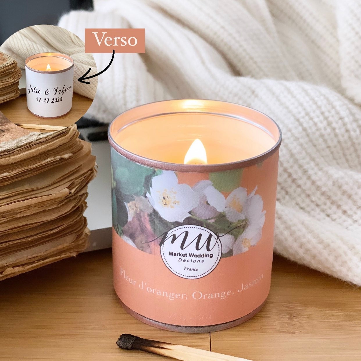 Fleur d'oranger, Orange, Jasmin/Bougie Joy. Parfumée. Personnalisée. Végétale. Vegan. Parfums França