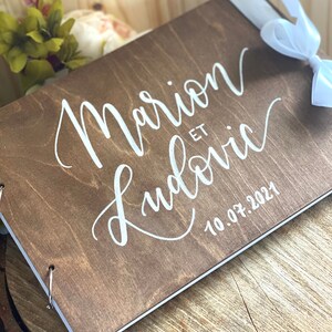 Wooden guest book for wedding A4 format book ribbon or lace finish text of your choice, hand-painted calligraphy image 10