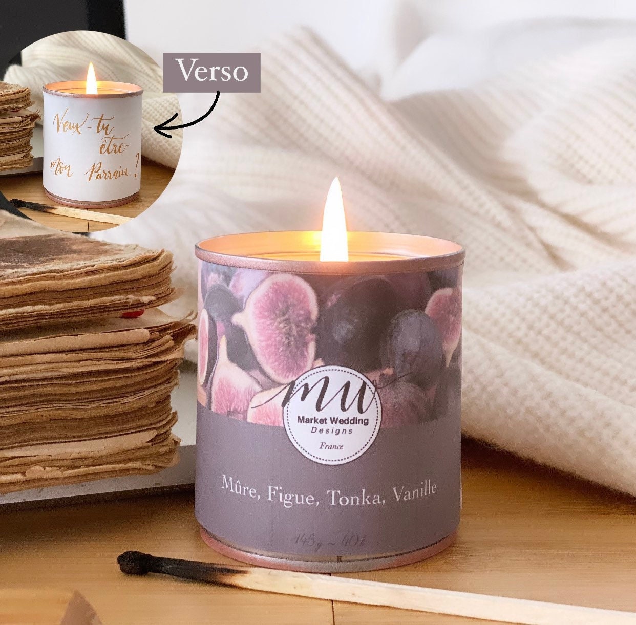 Mûre, Figue, Tonka, Vanille/Bougie Joy. Parfumée. Personnalisée. Végétale. Vegan. Parfums Français. 