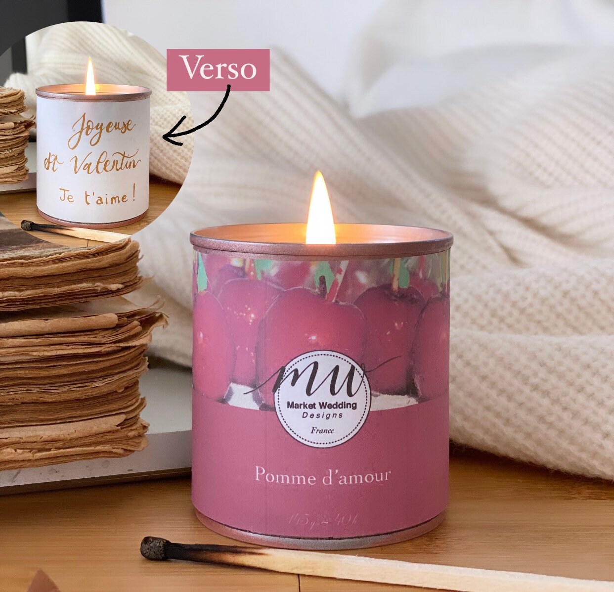 Pomme d'amour/Bougie Joy. Parfumée. Personnalisée. Végétale. Vegan. Parfums Français. Coulée à La Ma