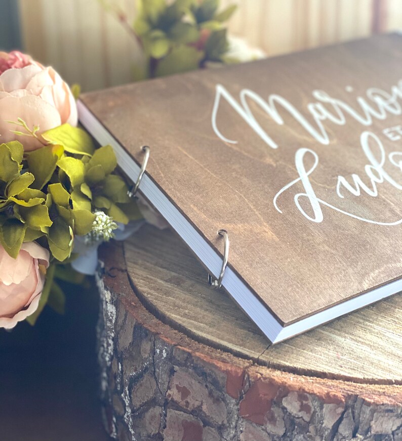 Wooden guest book for wedding A4 format book ribbon or lace finish text of your choice, hand-painted calligraphy image 9