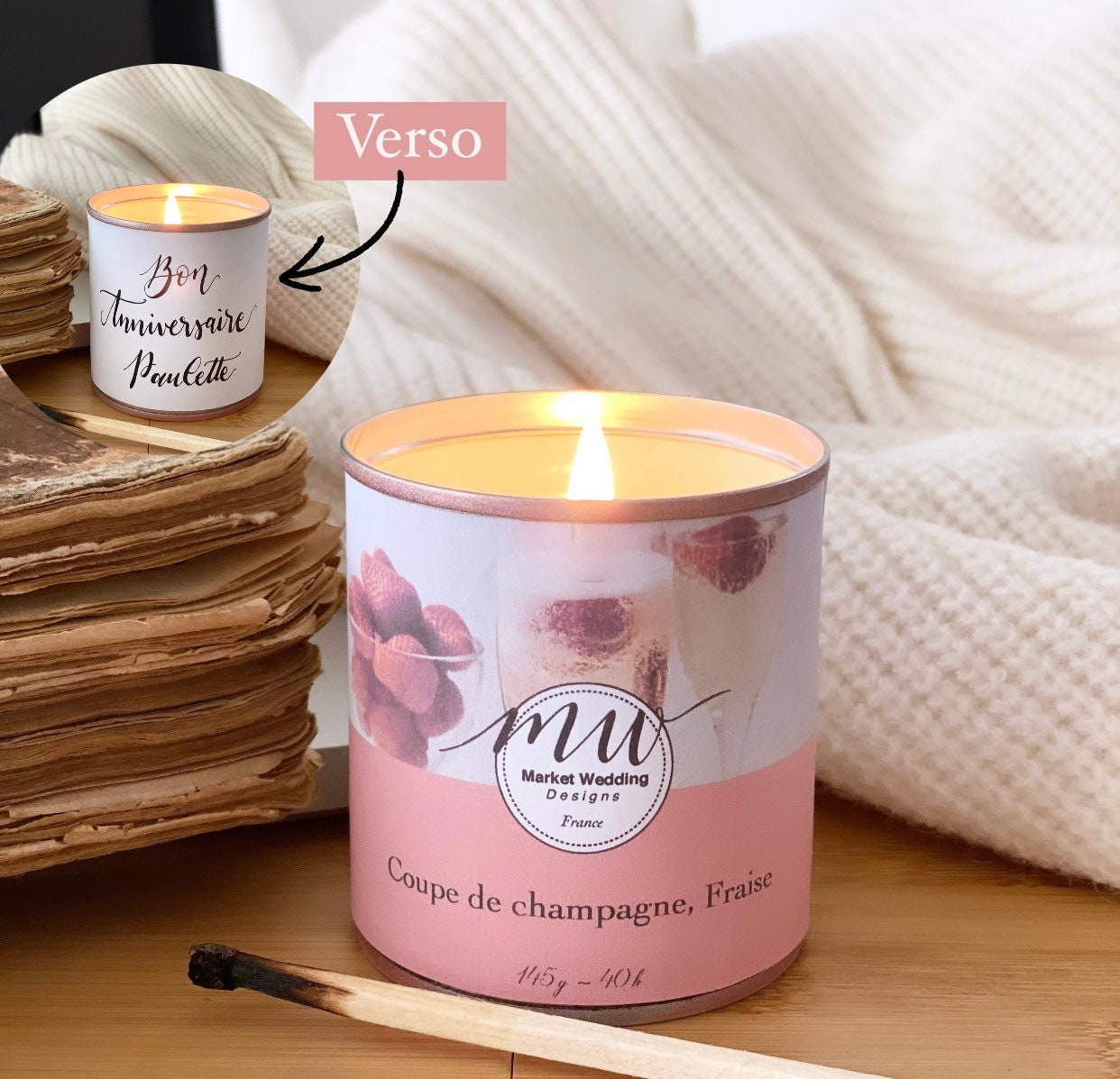 Coupe de Champagne, Fraise/Bougie Joy. Parfumée. Personnalisée. Végétale. Vegan. Parfums Français. C