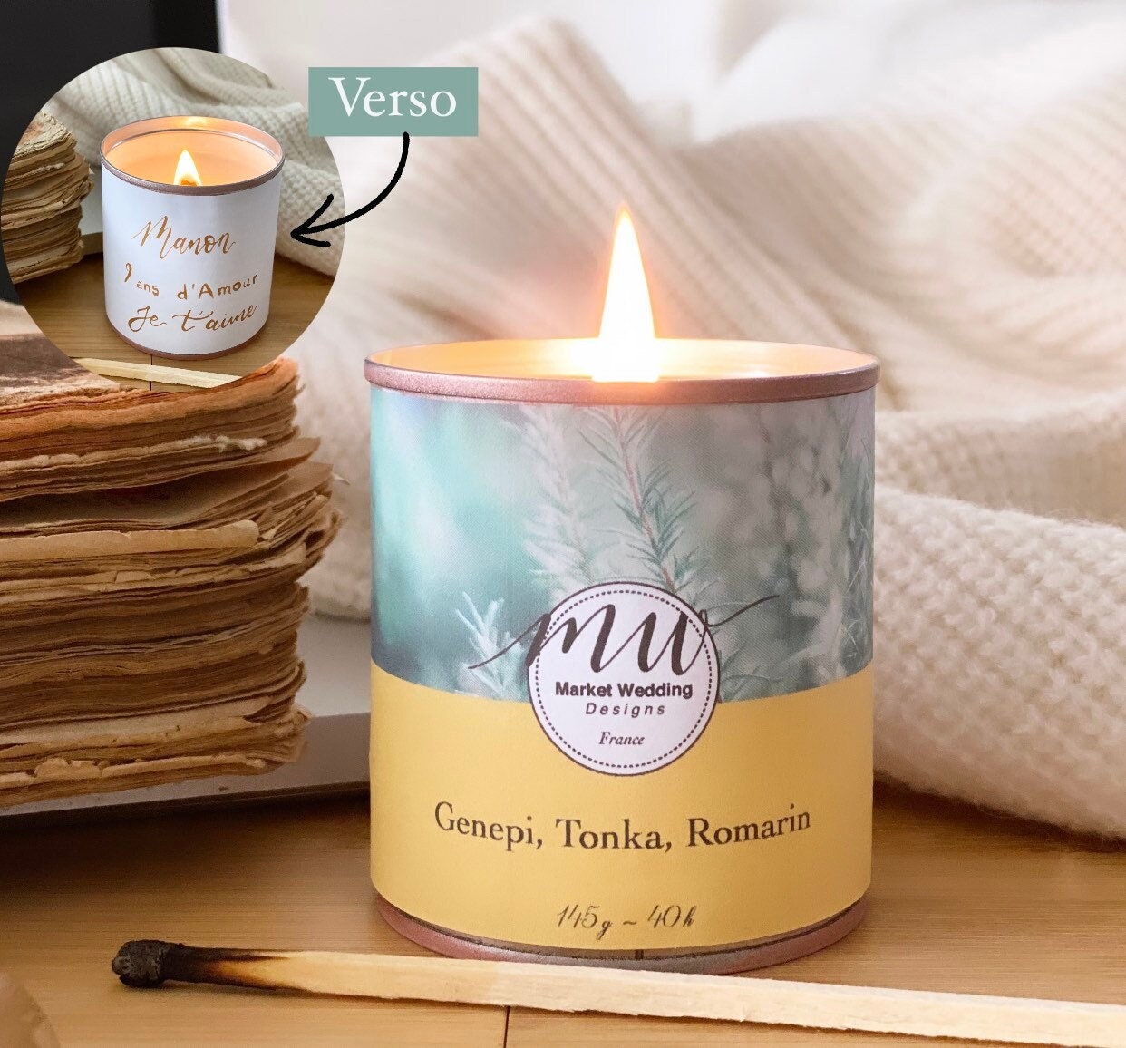 Genepi, Tonka, Romarin/Bougie Joy. Parfumée. Personnalisée. Végétale. Vegan. Parfums Français. Coulé