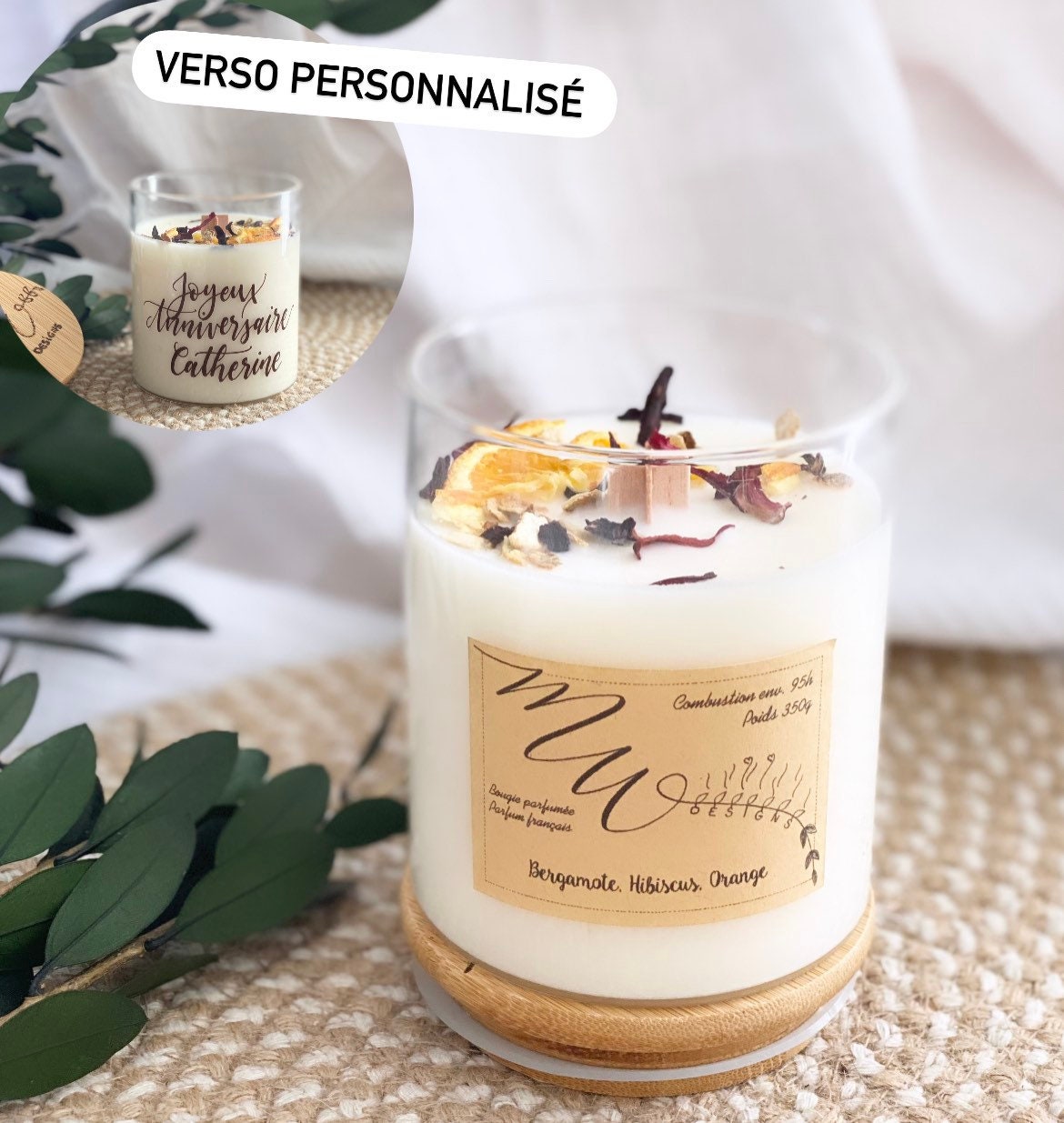 Bergamote, Hibiscus, Orange/Bougie Décorée Parfumée Personnalisée - Bougie Végétale, Naturelle, Parf