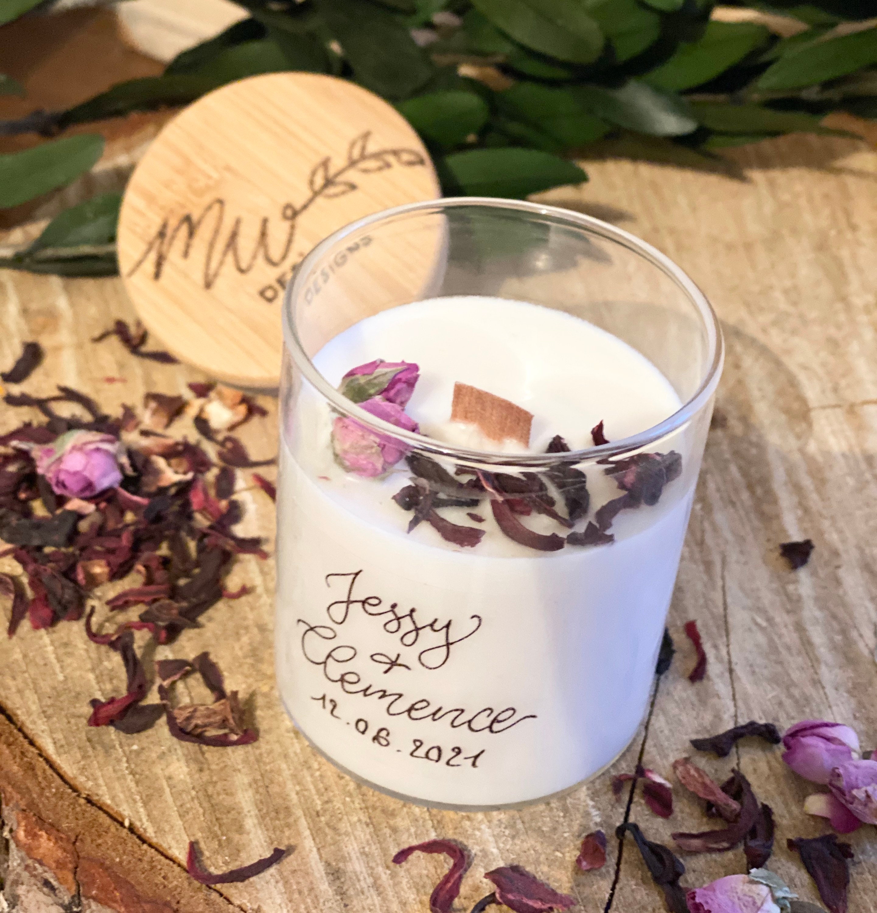 Bois de Rose & Hibiscus/Bougie Décorée Parfumée Personnalisée - Bougie Végétale, Naturelle, Parfums 
