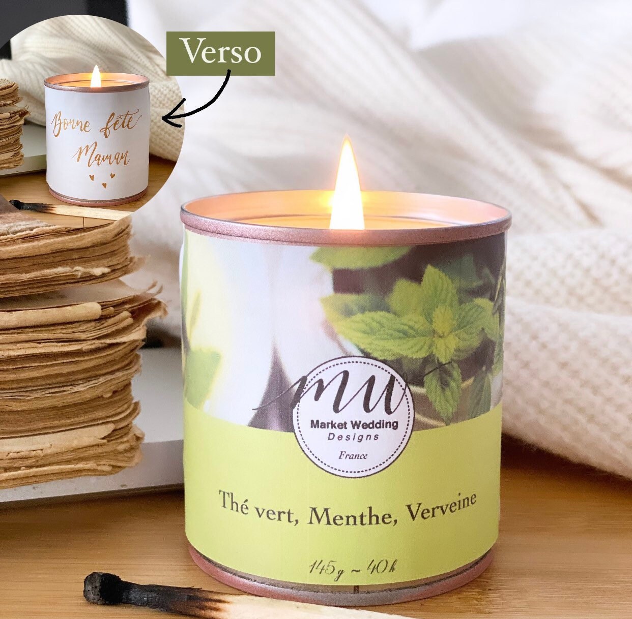 Thé Vert, Menthe, Verveine/Bougie Joy. Parfumée. Personnalisée. Végétale. Vegan. Parfums Français. C