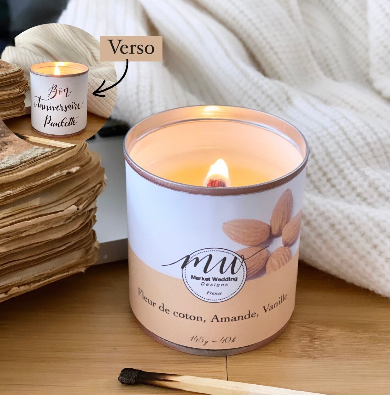 Fleur de Coton, Amande, Vanille/Bougie Joy. Parfumée. Personnalisée. Végétale. Vegan. Parfums França