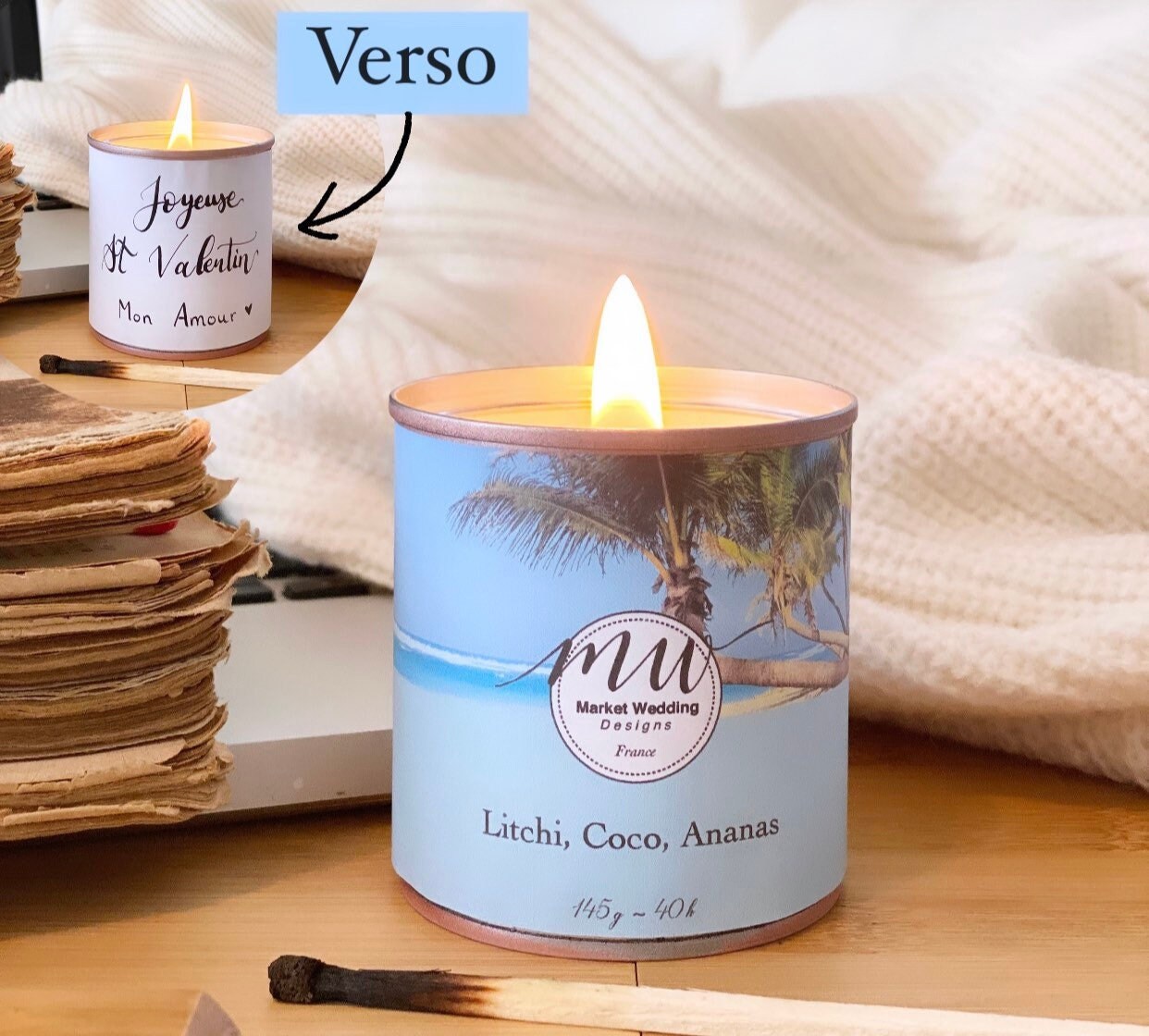 Litchi, Coco, Ananas/ Bougie Joy. Parfumée. Personnalisée. Végétale. Vegan. Parfums Français. Coulée