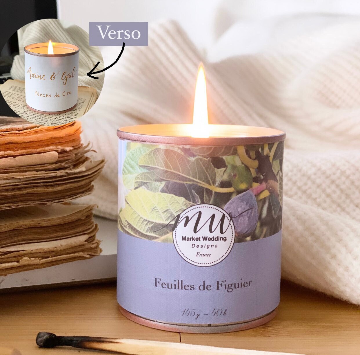 Feuilles de Figuier/Bougie Joy. Parfumée. Personnalisée. Végétale. Vegan. Parfums Français. Coulée à