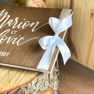 Wooden guest book for wedding A4 format book ribbon or lace finish text of your choice, hand-painted calligraphy image 6