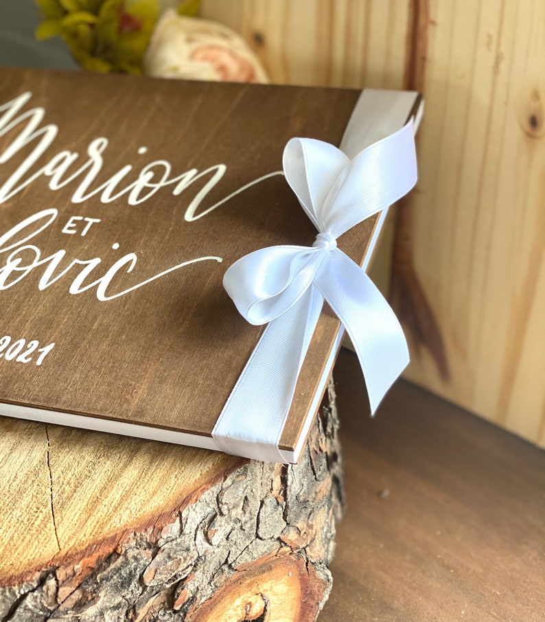 Wooden guest book for wedding A4 format book ribbon or lace finish text of your choice, hand-painted calligraphy image 6