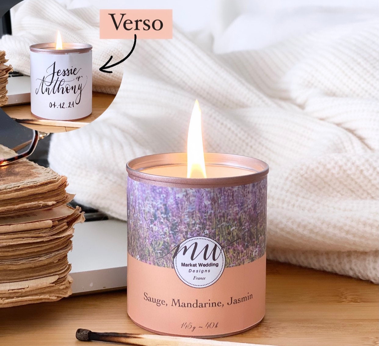 Sauge, Mandarine, Jasmin/ Bougie Joy. Parfumée. Personnalisée. Végétale. Vegan. Parfums Français. Co