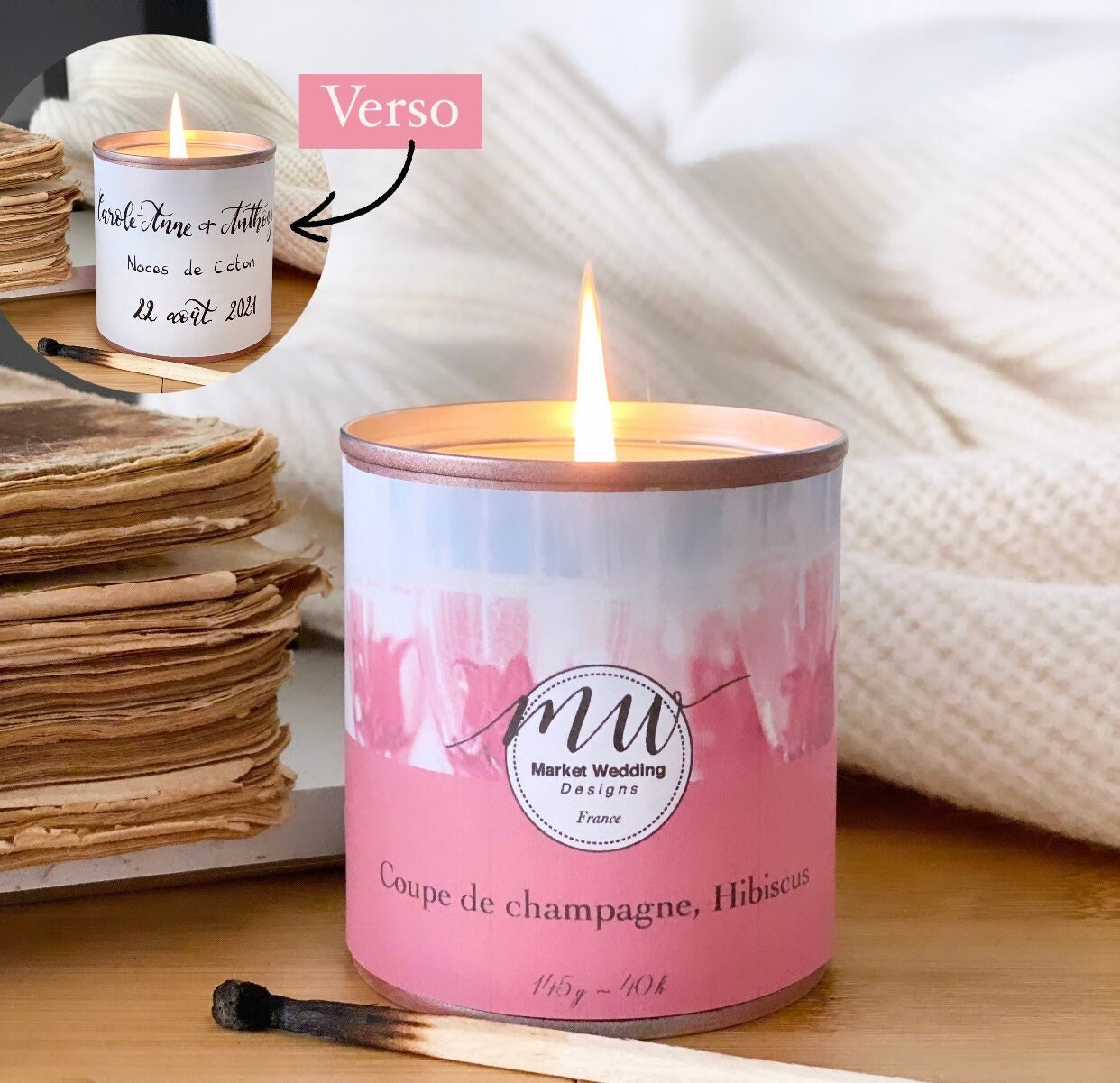 Coupe de Champagne, Hibiscus/Bougie Joy. Parfumée. Personnalisée. Végétale. Vegan. Parfums Français.