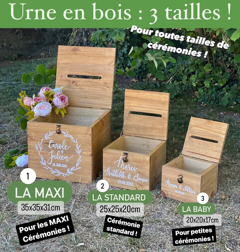 URNE en bois 3 tailles durnes pour toutes cérémonies Vendu avec fermoircadenas personnalisée cagnotte mariage, baptême, anniversaire image 2