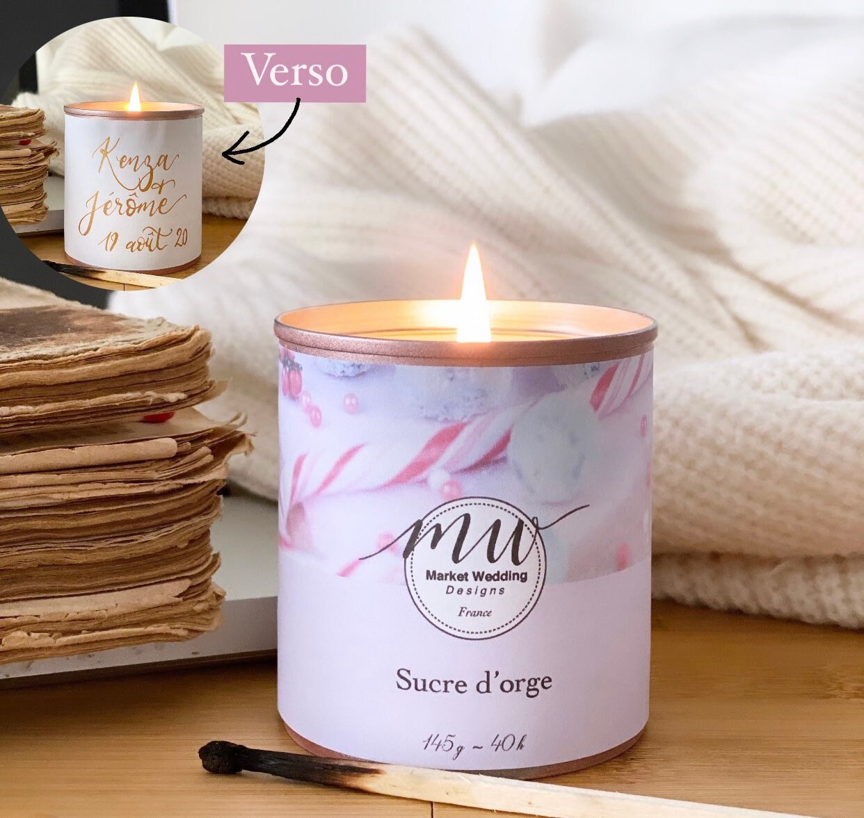 Sucre d'orge/Bougie Joy. Parfumée. Personnalisée. Végétale. Vegan. Parfums Français. Coulée à La Mai