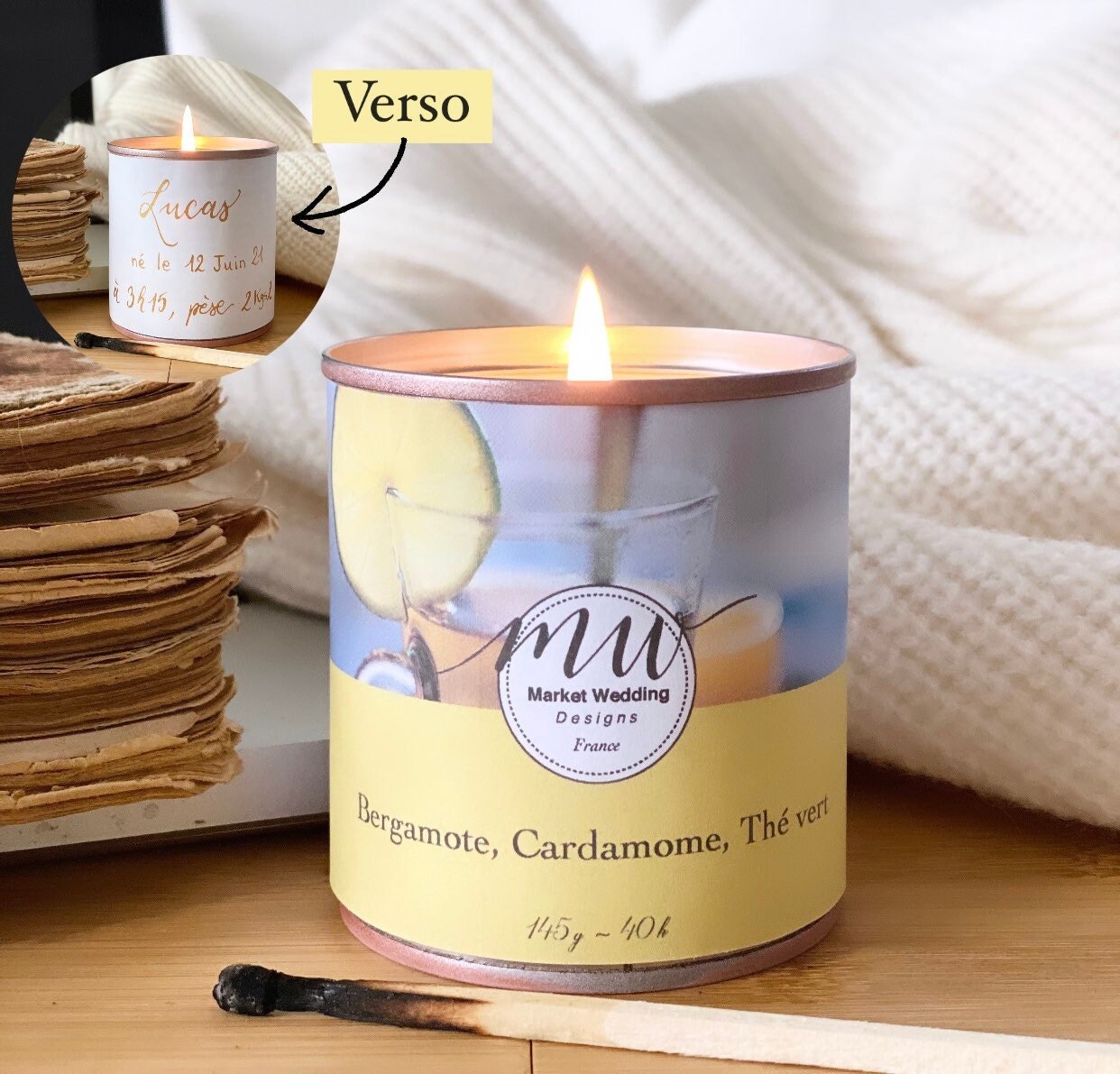 Bergamote, Cardamome, Thé Vert/Bougie Joy. Parfumée. Personnalisée. Végétale. Vegan. Parfums Françai