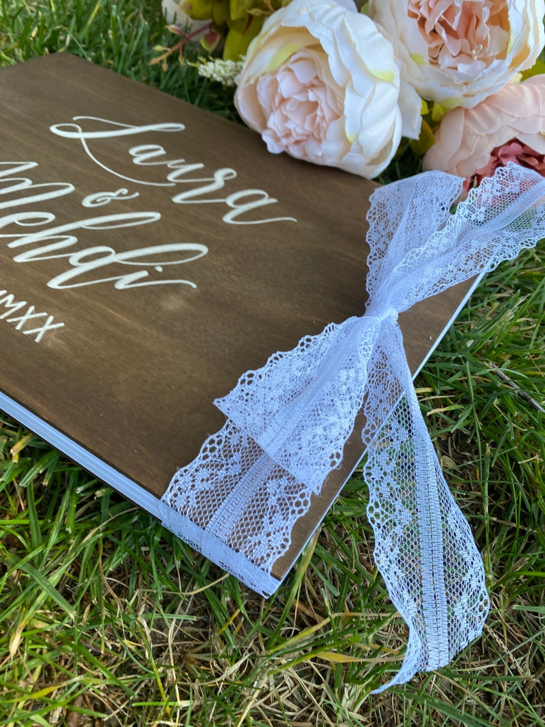 Wooden guest book for wedding A4 format book ribbon or lace finish text of your choice, hand-painted calligraphy image 8