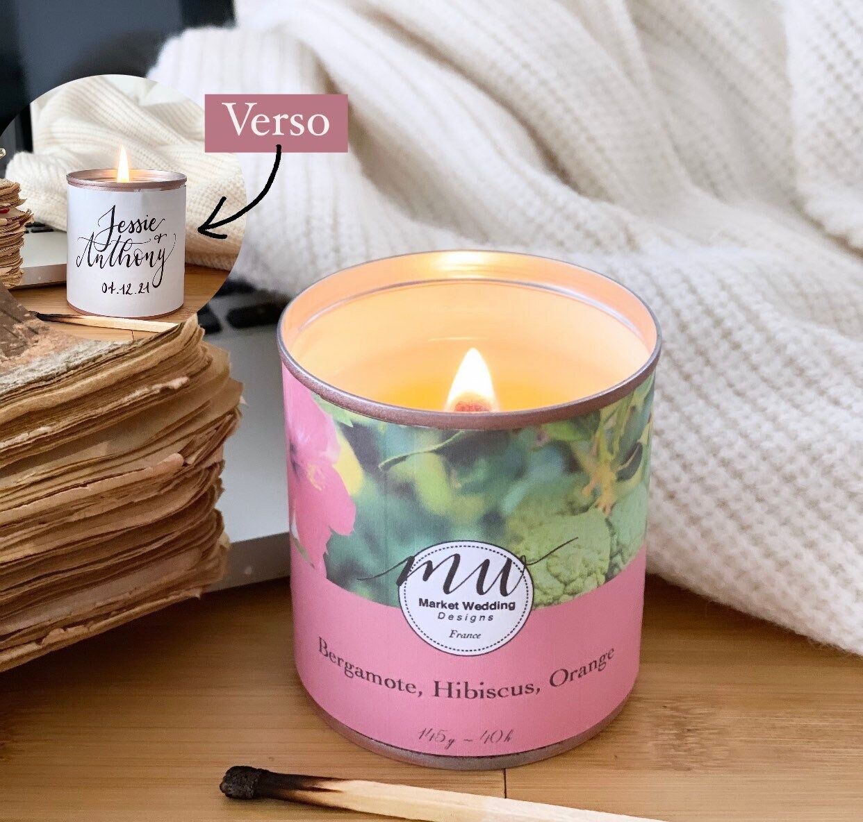 Bergamote, Hibiscus, Orange/Bougie Joy. Parfumée. Personnalisée. Végétale. Vegan. Parfums Français. 