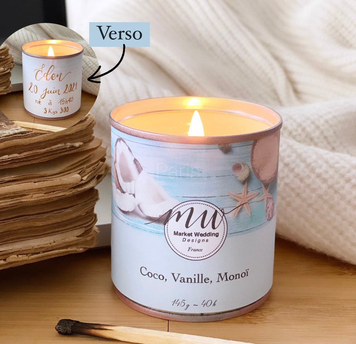 Coco, Vanille, Monoï/Bougie Joy. Parfumée. Personnalisée. Végétale. Vegan. Parfums Français. Coulée 