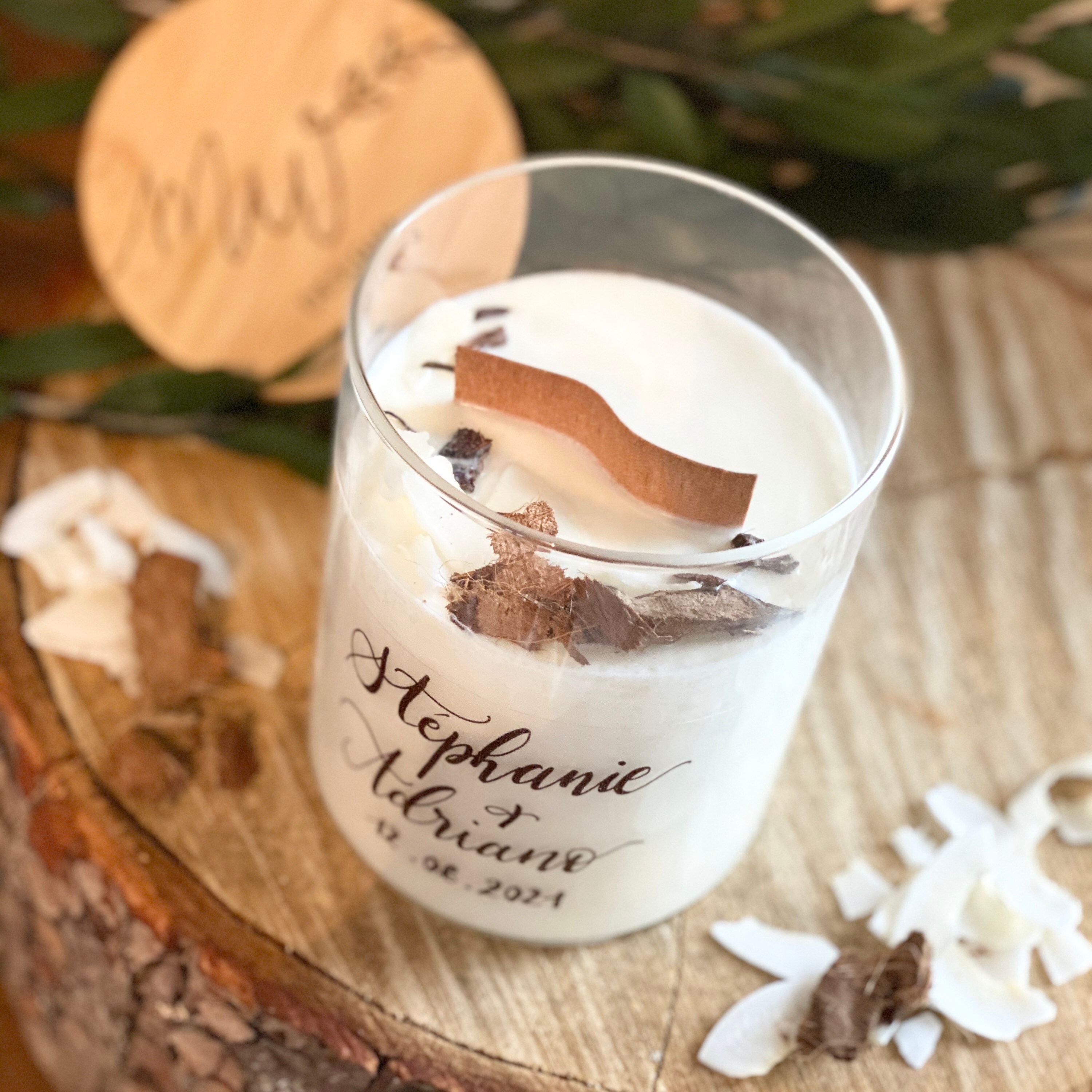 Coco Vanille Monoï/Bougie Décorée Parfumée Personnalisée - Bougie Végétale, Naturelle & Vegan, Parfu