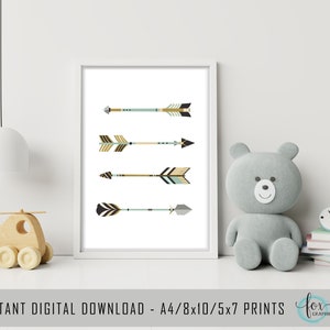 May include: Printable digital download of four minimalist arrows with geometric patterns in shades of brown, gold, and teal on a white background. The text "INSTANT DIGITAL DOWNLOAD - A4/8x10/5x7 PRINTS" is at the bottom of the image.