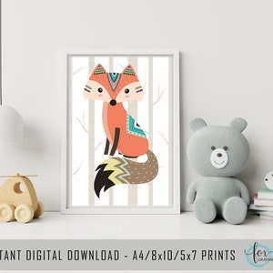 May include: A printable digital download of a cute fox illustration. The fox is orange with a geometric pattern on its back and tail. The background is a white birch forest.