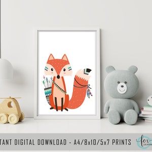 May include: A printable digital download of a cute cartoon fox with a red and orange tail, wearing a brown and blue feathered headdress and holding a quiver of arrows. The fox is on a white background.