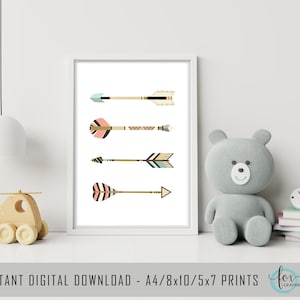 May include: A printable digital download of four colorful arrows with geometric patterns. The arrows are on a white background and are arranged vertically.
