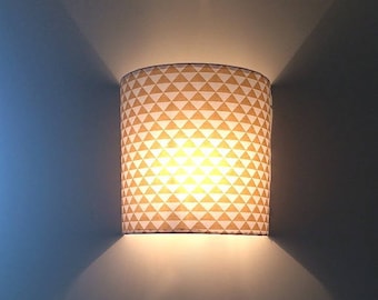 Lighting, half-cylindrical wall light, wall light, vintage spirit, geometric fabric, yellow triangles, white, 3 sizes, Scandinavian